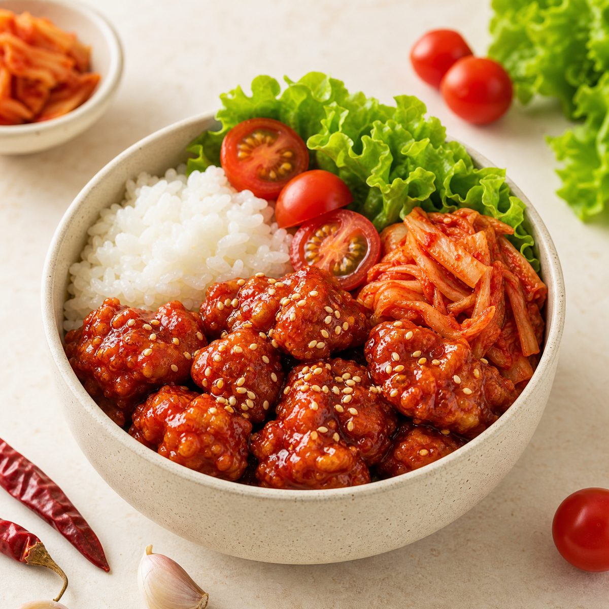 Korean fried chicken dosirak bowl with rice and kimchi