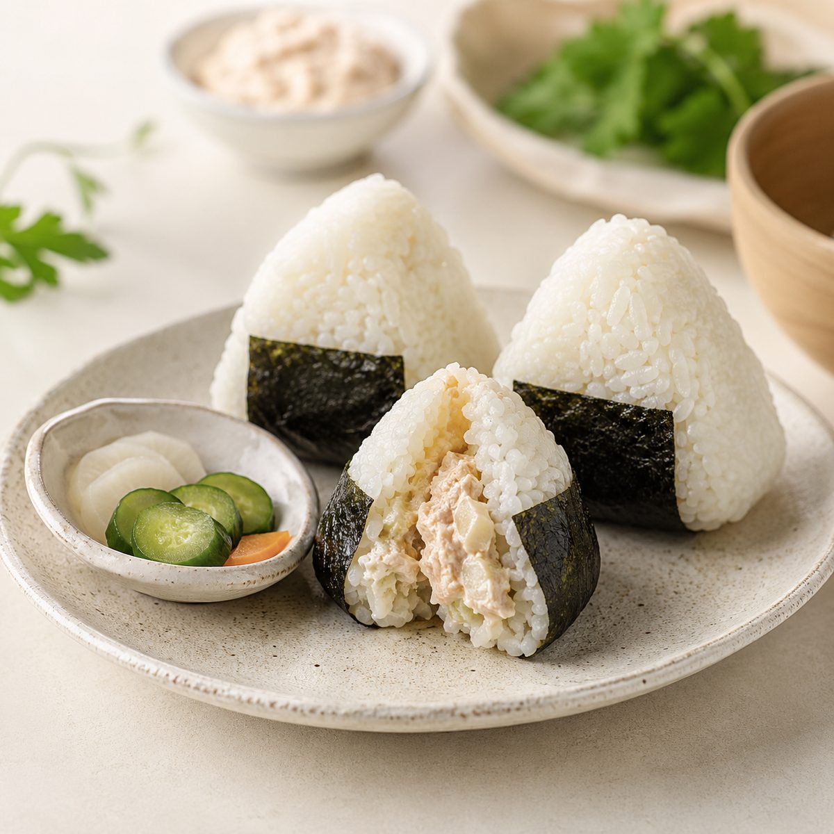 Chilled onigiri rice triangles, one cut open showing chicken mayo filling