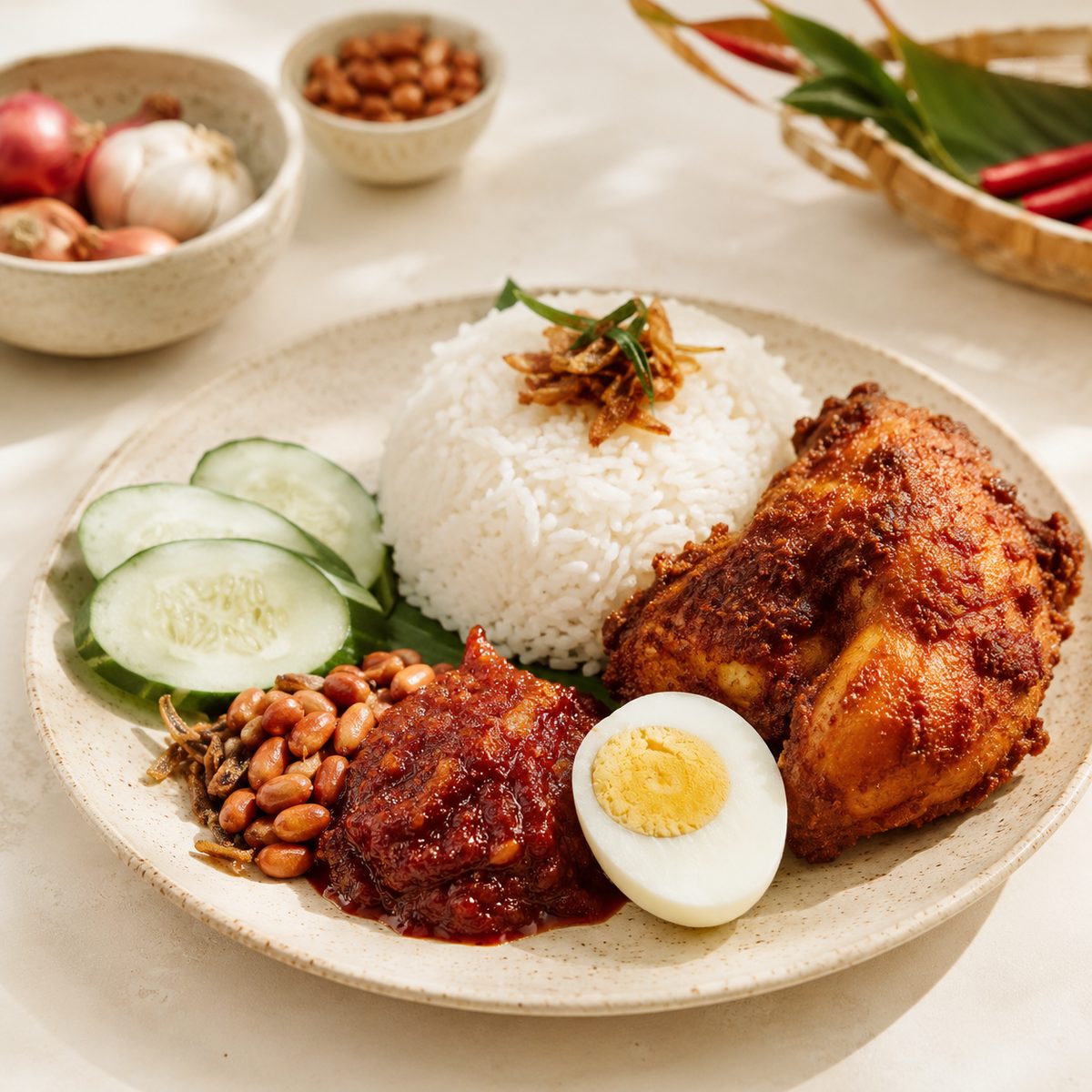 Nasi lemak plate with ayam goreng berempah, sambal and egg
