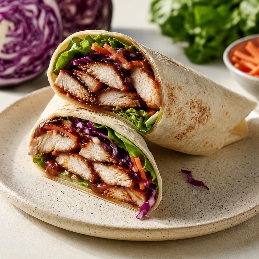 Barbecue chicken tortilla wrap cut in half, showing grilled chicken, red cabbage and carrot