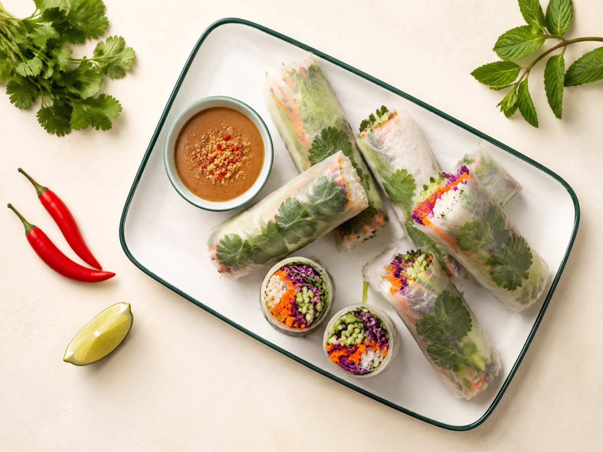 Vietnamese rice-paper popia rolls filled with vegetables and herbs, with a peanut dipping sauce