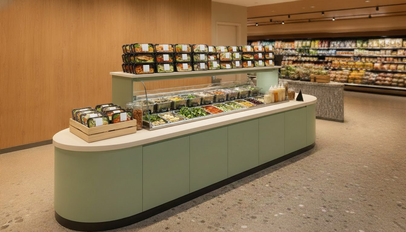 Salad counter with packed ready-to-eat range on the deck above