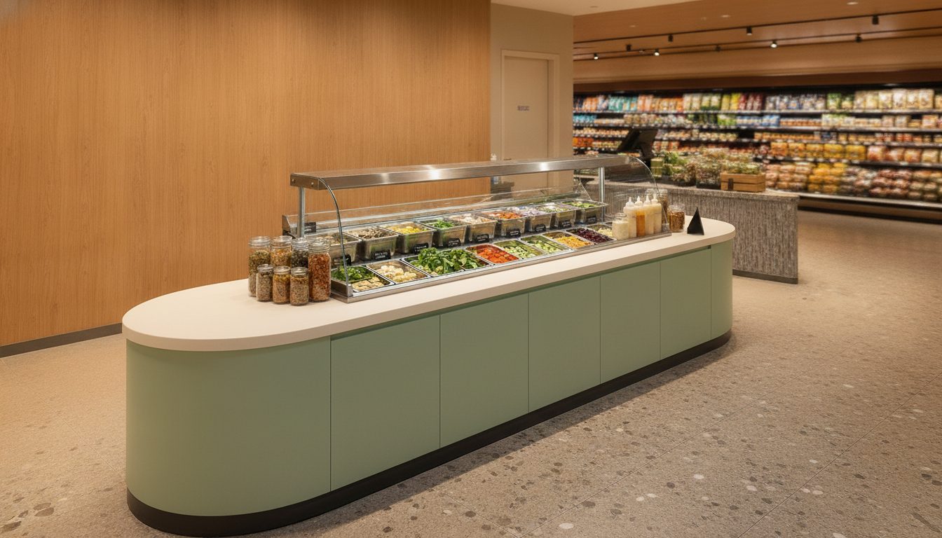 Weigh-and-pay salad counter in a supermarket fresh-food hall