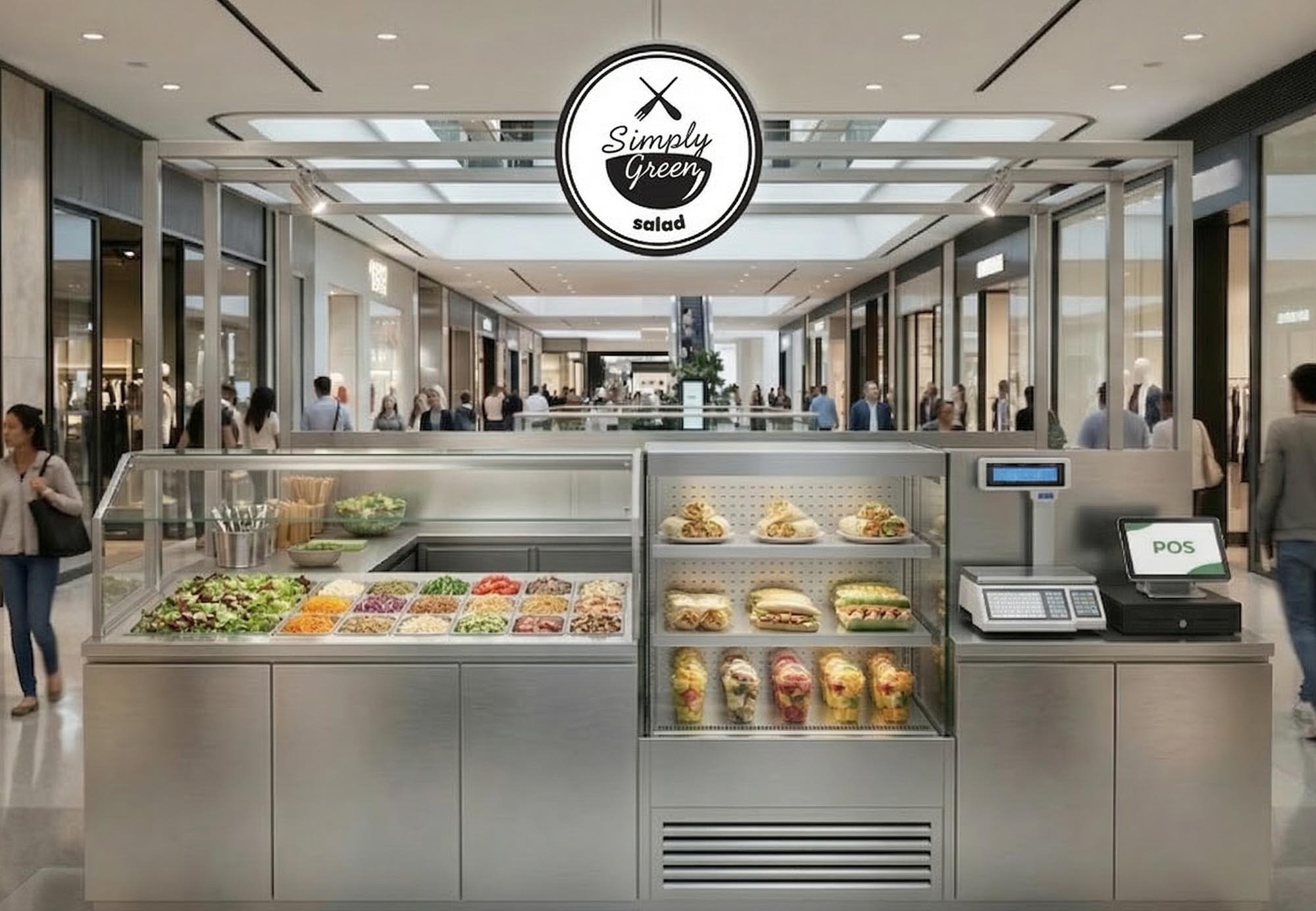 Simply Green Salad self-service salad kiosk in a mall concourse