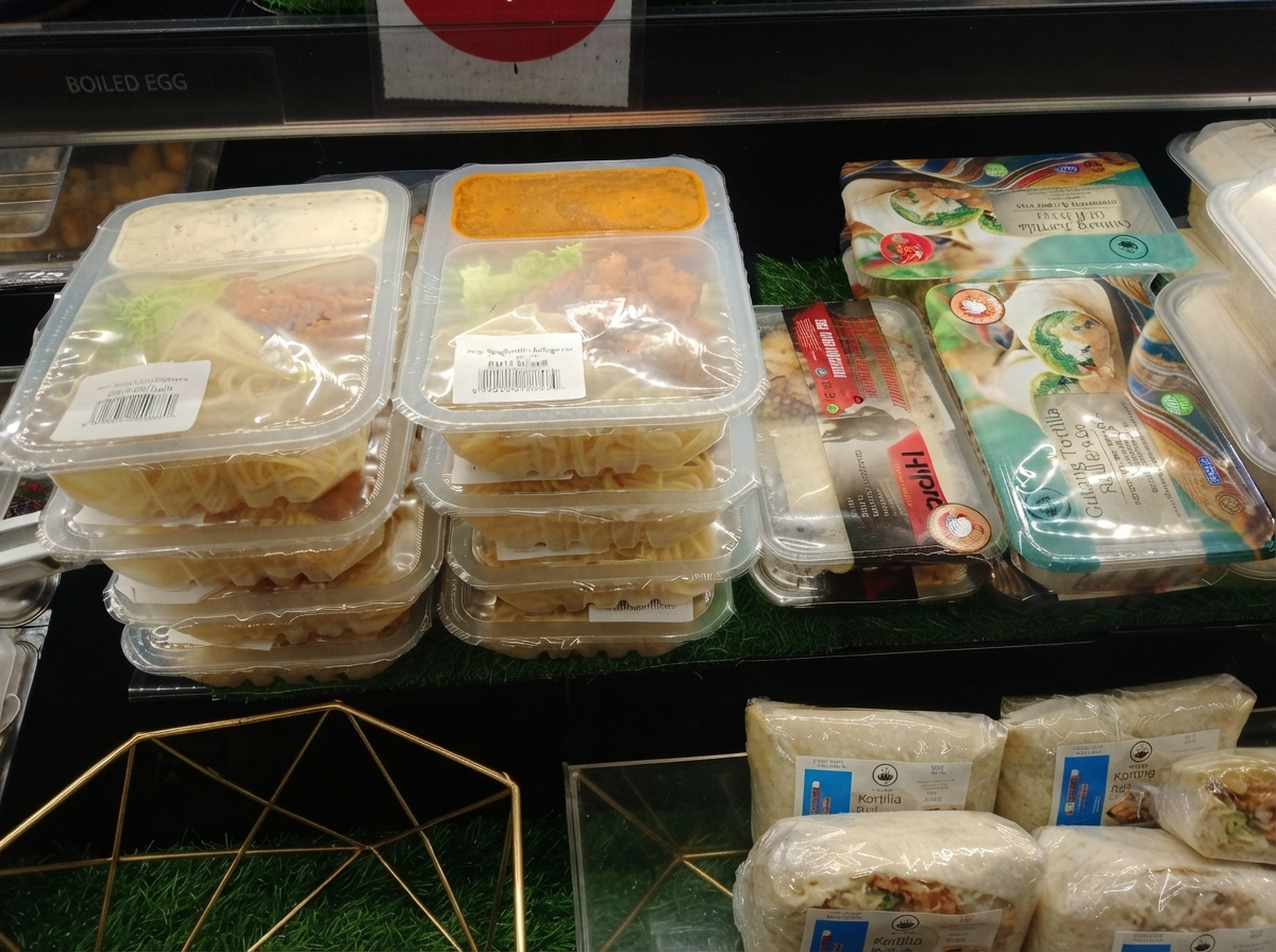 Labelled meal packs and wrap pouches in a chiller