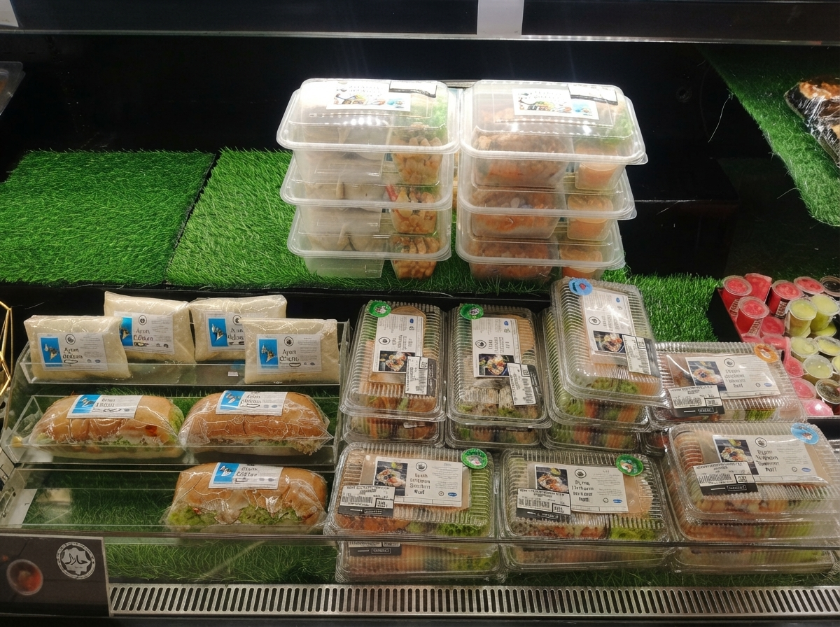 Sandwiches, summer rolls and sauce cups in a retail chiller