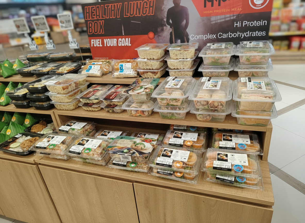 Foodplus grab-and-go display table in a supermarket
