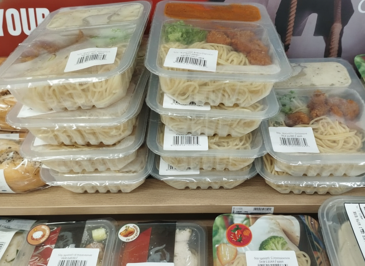 Sealed pasta meal packs stacked on a retail shelf